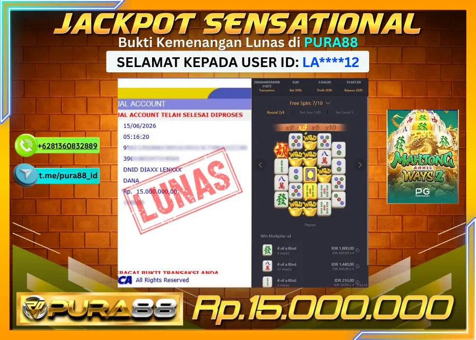 PURA88 JACKPOT MAHJONG WAYS 2 Rp 15.000.000,- LUNAS